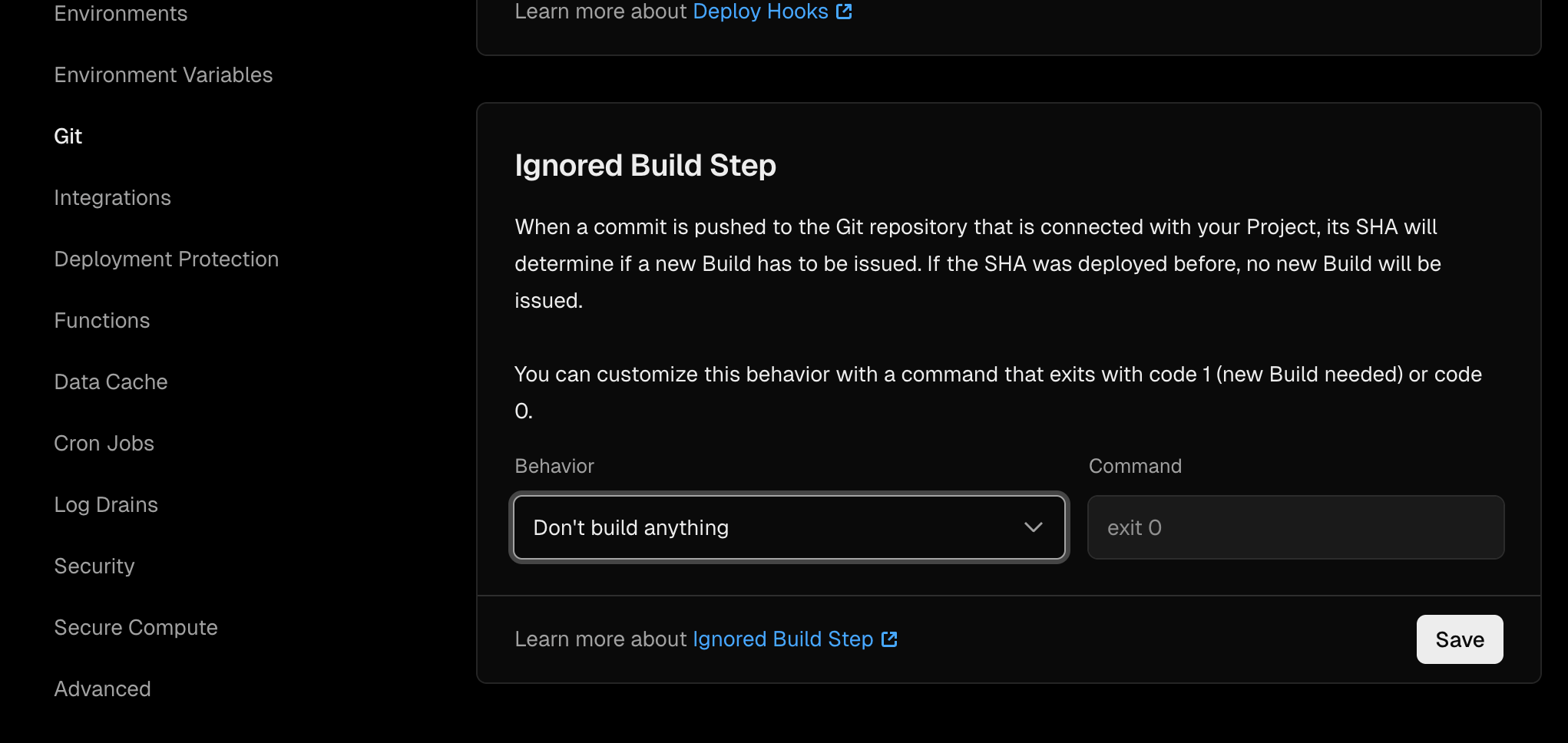 Screenshot showing where you can disable vercel deployments for a project