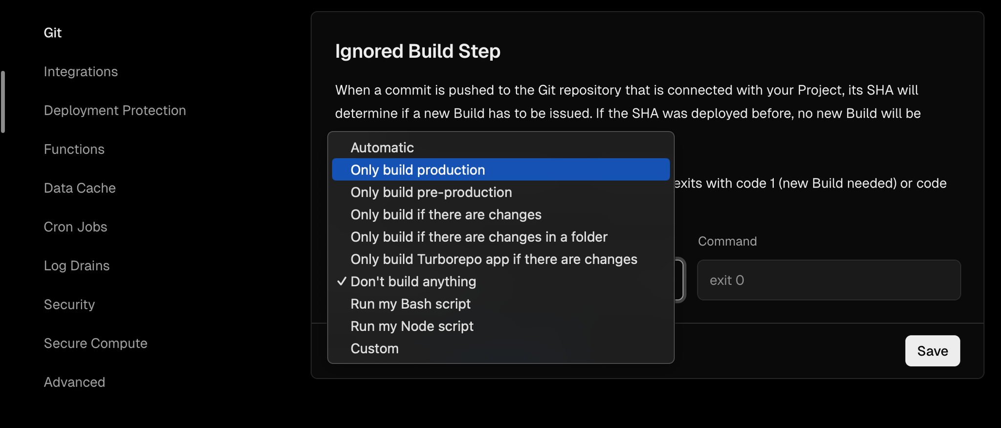 Screenshot showing where you can disable vercel deployments for a project