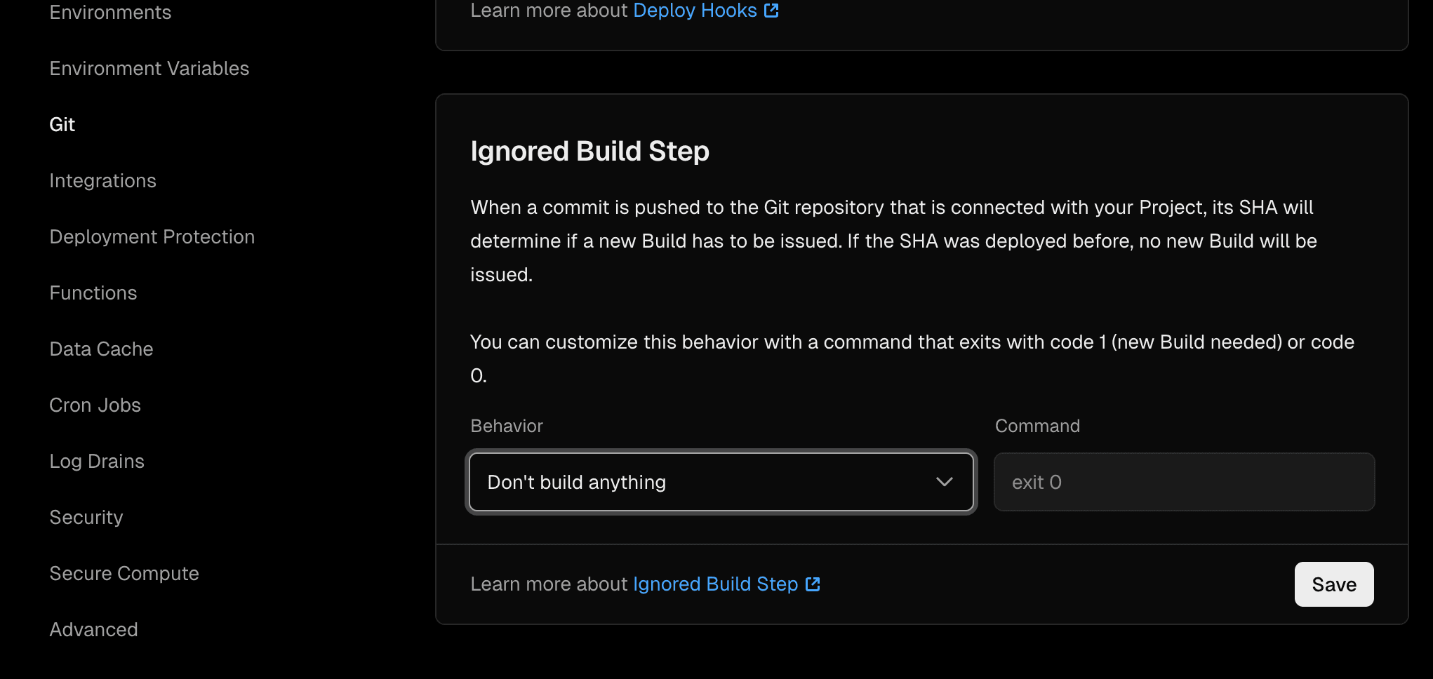 Screenshot showing where you can disable vercel deployments for a project