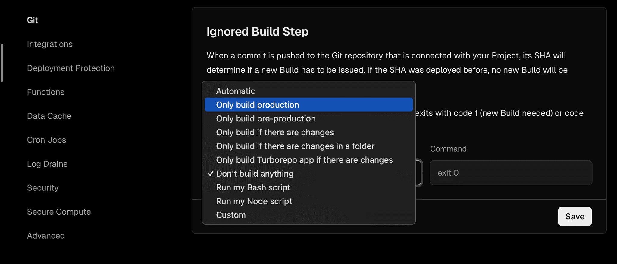 Screenshot showing where you can disable vercel deployments for a project